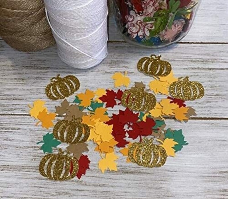 Fall Maple Leaf confetti and gold pumpkins - Halloween Thanksgiving Fall Decorations